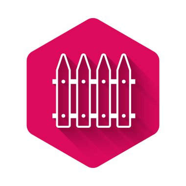 Beyaz bahçe çit ahşap simge uzun gölge ile izole. Pembe altıgen düğmesi. Vektör Illustration