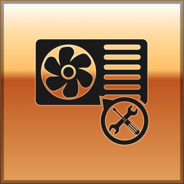 Siyah Klima tornavida ve anahtar simgesi altın arka planda izole. Ayarlama, hizmet, ayarlama, bakım, onarım, sabitleme. Vektör Illustration