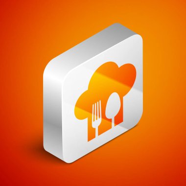 Turuncu arka planda izole çatal ve kaşık simgesi ile izometrik Chef şapka. Pişirme sembolü. Restoran Menüsü. Aşçı şapkası. Gümüş kare düğmesi. Vektör Illustration