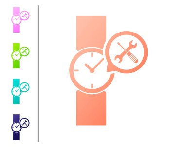 Beyaz arka planda yalıtılmış tornavida ve anahtar simgesi ile mercan bilek saati. Ayarlama, hizmet, ayarlama, bakım, onarım, sabitleme. Renk simgeleri ayarlayın. Vektör Illustration