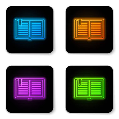 Parlayan Neon beyaz arka planda izole açık kitap simgesi. Siyah kare düğmesi. Vektör Illustration