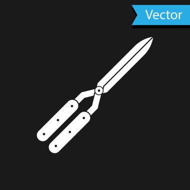 Beyaz Bahçe siyah arka planda izole simgesi kırpma için el yapımı makas. Ahşap kolları ile budama makasları. Vektör Illustration