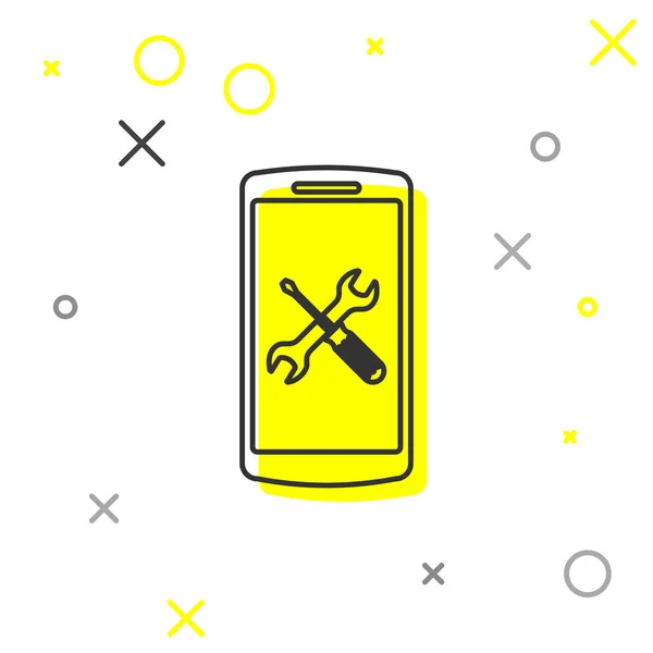Línea gris Smartphone con destornillador e icono de llave aislada sobre fondo blanco. Ajuste, servicio, ajuste, mantenimiento, reparación, fijación. Ilustración vectorial — Vector de stock