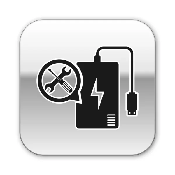 Zwarte Power Bank met schroevendraaier en moersleutel pictogram geïsoleerd op witte achtergrond. Aanpassing, service, instelling, onderhoud, reparatie, bevestiging. Zilveren vierkante knop. Vector illustratie — Stockvector