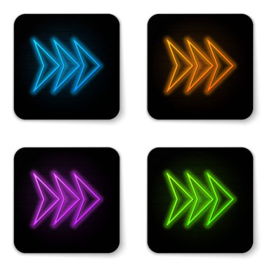 Parlak neon ok simgesi beyaz arka planda yalıtılmış. Yönü Arrowhead sembolü. Gezinme işaretçisi işareti. Siyah kare düğmesi. Vektör Illustration