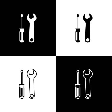 Siyah ve beyaz arka planda yalıtılmış tornavida ve anahtar araçları simgesini ayarlayın. Servis aracı sembolü. Vektör Illustration