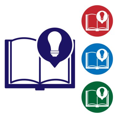 Mavi Ilginç gerçekler simgesi beyaz arka planda izole. Kitap veya makale ve ampul. Daire düğmelerinde renk simgesini ayarlayın. Vektör Illustration