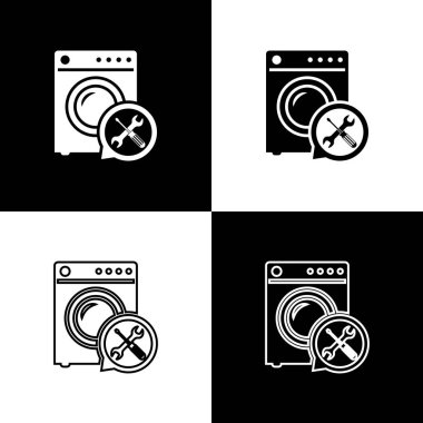 Siyah ve beyaz arka planda izole tornavida ve anahtar simgesi ile set Washer. Ayarlama, hizmet, ayarlama, bakım, onarım, sabitleme. Vektör Illustration