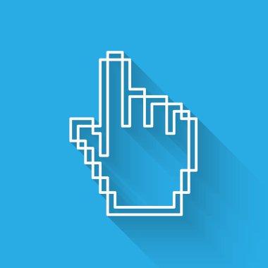 Beyaz çizgi piksel el imleç simgesi uzun gölge ile yalıtılmış. İşaretçi el imleci. Vektör Illustration