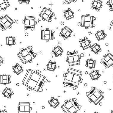 Siyah çizgi veri yolu simgesi beyaz arka planda yalıtılmış Dikişsiz desen. Ulaşım konsepti. Otobüs turu taşıma işareti. Turizm veya kamu araç sembolü. Vektör Illustration