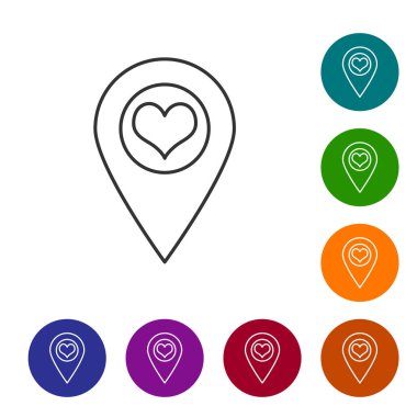 Gri çizgi beyaz arka planda izole kalp simgesi ile harita işaretçisi. Renk daire düğmelerinde simgeyi ayarlayın. Vektör Illustration