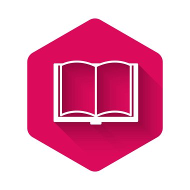Beyaz açık kitap simgesi uzun gölge ile yalıtılmış. Pembe altıgen düğmesi. Vektör Illustration