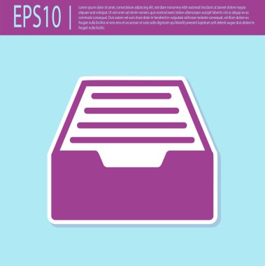 Turkuaz arka planda izole Belgeler simgesi ile Retro mor çekmece. Arşiv kağıtları çekmecesi. Dosya dolabı çekmecesi. Ofis mobilyaları. Vektör Illustration