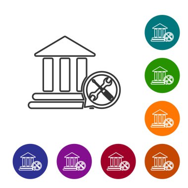 Beyaz arka planda yalıtılmış tornavida ve anahtar simgesi ile gri hat Bankası binası. Ayarlama, hizmet, ayarlama, bakım, onarım, sabitleme. Renk daire düğmelerinde simgeyi ayarlayın. Vektör Illustration