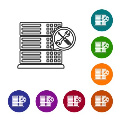 Beyaz arka planda yalıtılmış tornavida ve anahtar simgesi ile gri çizgi veritabanı sunucusu. Ayarlama, hizmet, ayarlama, bakım, onarım, sabitleme. Renk daire düğmelerinde simgeyi ayarlayın. Vektör Illustration