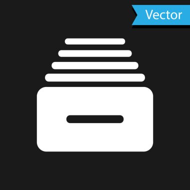 Siyah arkaplanda belge simgesi olan beyaz çekmece. Arşiv çekmecesi. Dosya dolabı çekmecesi. Ofis mobilyası. Vektör İllüstrasyonu