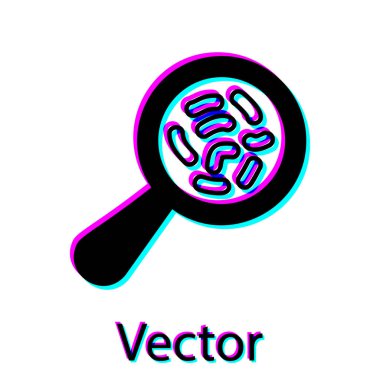 Büyüteç simgesi altında siyah mikroorganizmalar beyaz arka planda yalıtılmış. Bakteri ve mikroplar, hücre kanseri, mikrop, virüs, mantar. Vektör Illustration