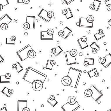 Siyah çizgi sesli kitap simgesi beyaz arka planda yalıtılmış Dikişsiz desen. Oynat düğmesi ve kitap. Ses kılavuzu işareti. Online öğrenme konsepti. Vektör Illustration