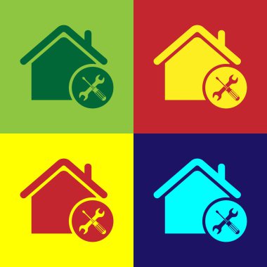 Renkli ev veya tornavida ve anahtar simgesi renkli arka planda izole ev. Ayarlama, hizmet, ayarlama, bakım, onarım, sabitleme. Vektör Illustration