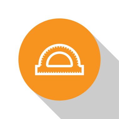 Beyaz arka planda izole derece simgesi ölçmek için White Protractor ızgara. Tilt açı ölçer. Ölçüm aleti. Geometrik sembol. Turuncu daire düğmesi. Vektör Illustration