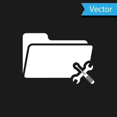 Siyah arka planda izole tornavida ve anahtar simgesi ile beyaz klasör. Ayarlama, hizmet, ayarlama, bakım, onarım, sabitleme. Vektör Illustration