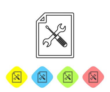 Beyaz arka planda yalıtılmış tornavida ve anahtar simgesi ile gri çizgi dosya belgesi. Ayarlama, hizmet, ayarlama, bakım, onarım, sabitleme. Renk Rhombus düğmelerinde simgesini ayarlayın. Vektör Illustration