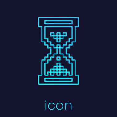 Mavi arka planda izole kum simgesi ile turkuaz çizgi kum saati pikseli. Kum saati işareti. İş ve zaman yönetimi konsepti. Vektör Illustration