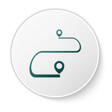 Beyaz arka planda yalıtılmış yeşil rota konumu simgesi. Harita işaretçisi işareti. Yol veya yol kavramı. GPS navigasyon cihazı. Beyaz daire düğmesi. Vektör Illustration