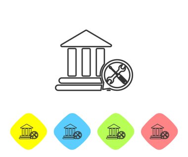 Beyaz arka planda yalıtılmış tornavida ve anahtar simgesi ile gri hat Bankası binası. Ayarlama, hizmet, ayarlama, bakım, onarım, sabitleme. Renk Rhombus düğmelerinde simgesini ayarlayın. Vektör Illustration