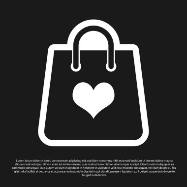 Siyah arka plan üzerinde izole kalp simgesi ile Siyah Alışveriş çantası. Alışveriş çantası dükkanı kalp simgesi gibi seviyorum. Sevgililer Günü sembolü. Vektör İllüstrasyonu