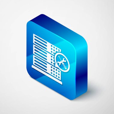 Beyaz arka planda yalıtılmış tornavida ve anahtar simgesi olan izometrik veritabanı sunucusu. Ayarlama, hizmet, ayarlama, bakım, onarım, sabitleme. Mavi kare düğmesi. Vektör Illustration