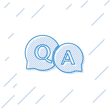 Mavi çizgi beyaz arka planda izole soru ve cevap simgesi ile konuşma kabarcıkları. Q ve A sembolü. SSS işareti. Sohbet konuşma balonu ve grafik. Vektör Illustration