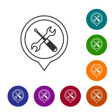 Gri çizgi çapraz tornavida ve beyaz arka planda izole anahtar araçları simgesi ile konum. İşaretçi ayarları sembolü. Renk daire düğmelerinde simgeyi ayarlayın. Vektör Illustration