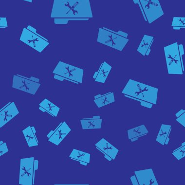 Mavi klasör tornavida ve anahtar simgesi ile mavi arka planda izole Dikişsiz desen. Ayarlama, hizmet, ayarlama, bakım, onarım, sabitleme. Vektör Illustration