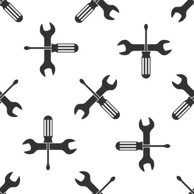 Gri çapraz tornavida ve anahtar araçları simge izole Dikişsiz desen beyaz arka planda. Servis aracı sembolü. Vektör Illustration