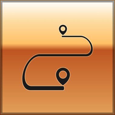 Siyah rota konumu simgesi altın arka planda yalıtılmış. Harita işaretçisi işareti. Yol veya yol kavramı. GPS navigasyon cihazı. Vektör Illustration