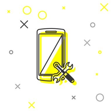 Beyaz arka planda yalıtılmış tornavida ve anahtar simgesi ile gri hat smartphone. Ayarlama, hizmet, ayarlama, bakım, onarım, sabitleme. Vektör Illustration