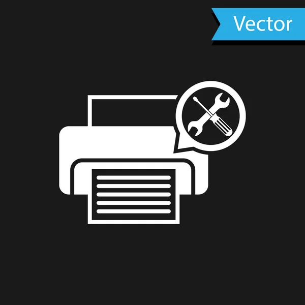 Impressora branca com chave de fenda e ícone de chave isolada no fundo preto. Ajuste, serviço, configuração, manutenção, reparação, fixação. Ilustração vetorial — Vetor de Stock