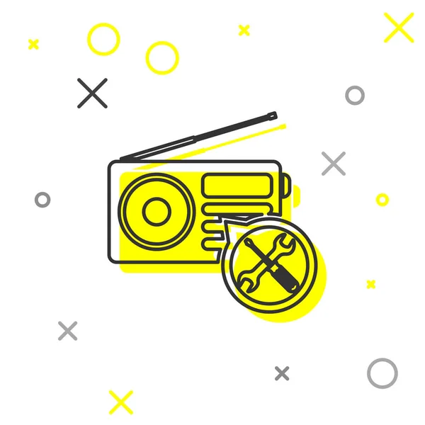 Grijze lijn radio met schroevendraaier en moersleutel pictogram geïsoleerd op witte achtergrond. Aanpassing, service, instelling, onderhoud, reparatie, bevestiging. Vector illustratie — Stockvector