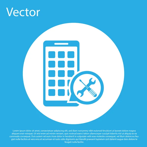 Aplicativos móveis azuis com chave de fenda e ícone de chave isolada no fundo azul. Ajuste, serviço, configuração, manutenção, reparação, fixação. Botão de círculo branco. Ilustração vetorial — Vetor de Stock