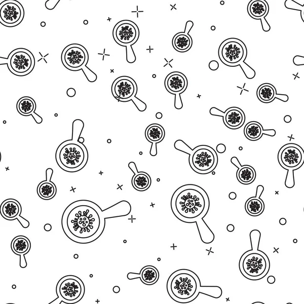 Linha preta Microorganismos sob ícone de lupa isolado padrão sem costura no fundo branco. Bactérias e germes, cancro das células, micróbios, vírus, fungos. Ilustração vetorial — Vetor de Stock