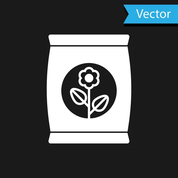 Icono de la bolsa de fertilizante blanco aislado sobre fondo negro. Ilustración vectorial — Vector de stock