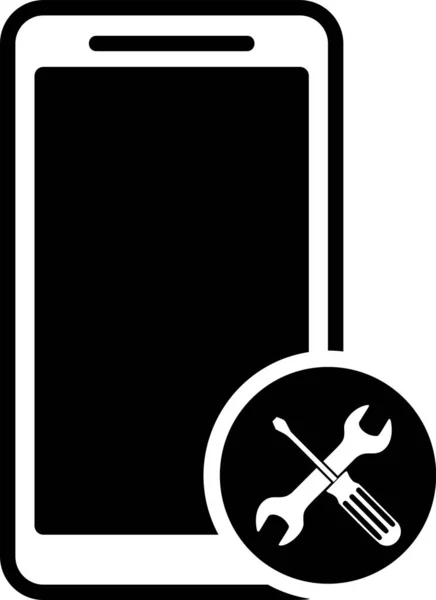 Smartphone negro con destornillador e icono de llave inglesa aislado sobre fondo blanco. Ajuste, servicio, ajuste, mantenimiento, reparación, fijación. Ilustración vectorial — Vector de stock