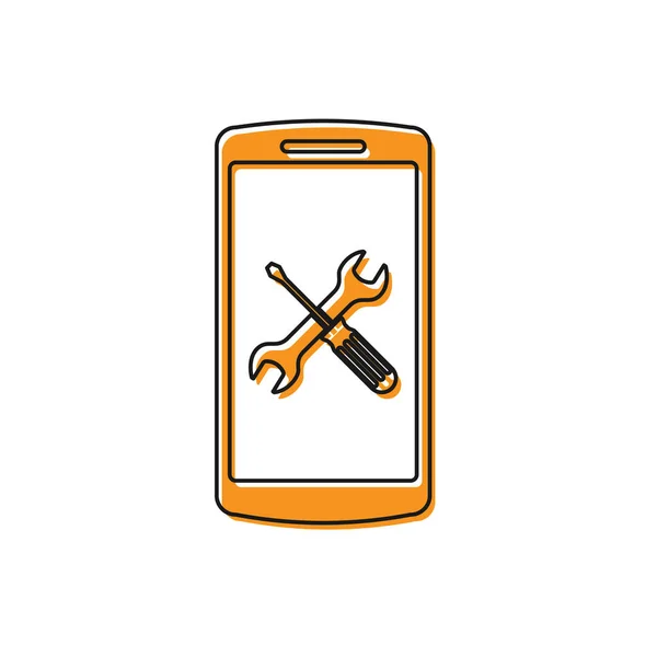 Smartphone orange avec tournevis et icône clé isolée sur fond blanc. Réglage, entretien, réglage, entretien, réparation, fixation. Illustration vectorielle — Image vectorielle