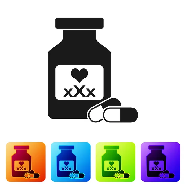 Black Medicine bottle with pills for potency, aphrodisiac icon isolated on white background. Sex pills for men and women. Set icon in color square buttons. Vector Illustration — Stock Vector