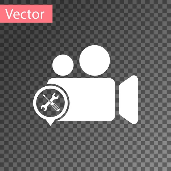 Videocámara blanca con destornillador e icono de llave aislada sobre fondo transparente. Ajuste, servicio, ajuste, mantenimiento, reparación, fijación. Ilustración vectorial — Vector de stock