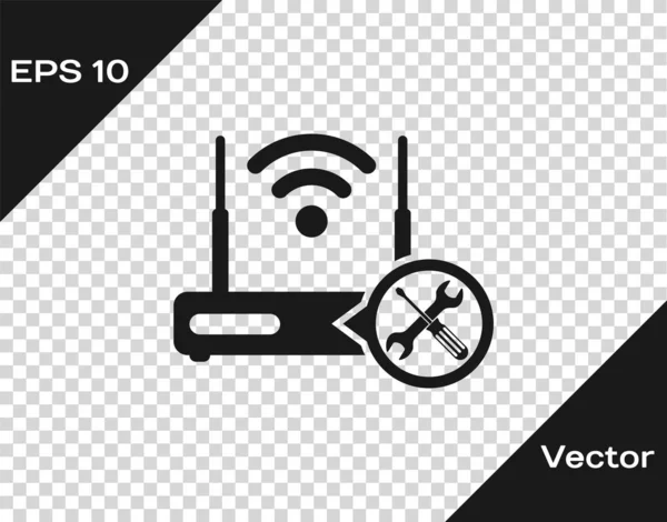 Grey Router wi-fi with screwdriver and wrench icon isolated on transparent background. Adjusting, service, setting, maintenance, repair, fixing. Vector Illustration — Stock Vector