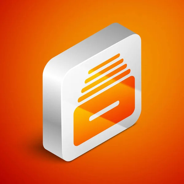 Belgeler simgesi ile izometrik çekmece turuncu arka planda izole. Arşiv kağıtları çekmecesi. Dosya dolabı çekmecesi. Ofis mobilyaları. Gümüş kare düğmesi. Vektör Illustration