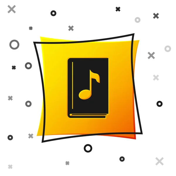 Icono de libro de audio negro aislado sobre fondo blanco. Nota musical con libro. Signo de audio guía. Concepto de aprendizaje en línea. Botón cuadrado amarillo. Ilustración vectorial — Vector de stock