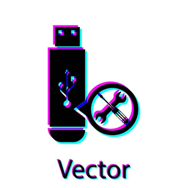 Unidade flash USB preta com chave de fenda e ícone de chave de fenda isolado no fundo branco. Ajuste, serviço, configuração, manutenção, reparação, fixação. Ilustração vetorial — Vetor de Stock